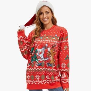 Christmas Sweater with Santa and Reindeer 2 piece comes with hat.